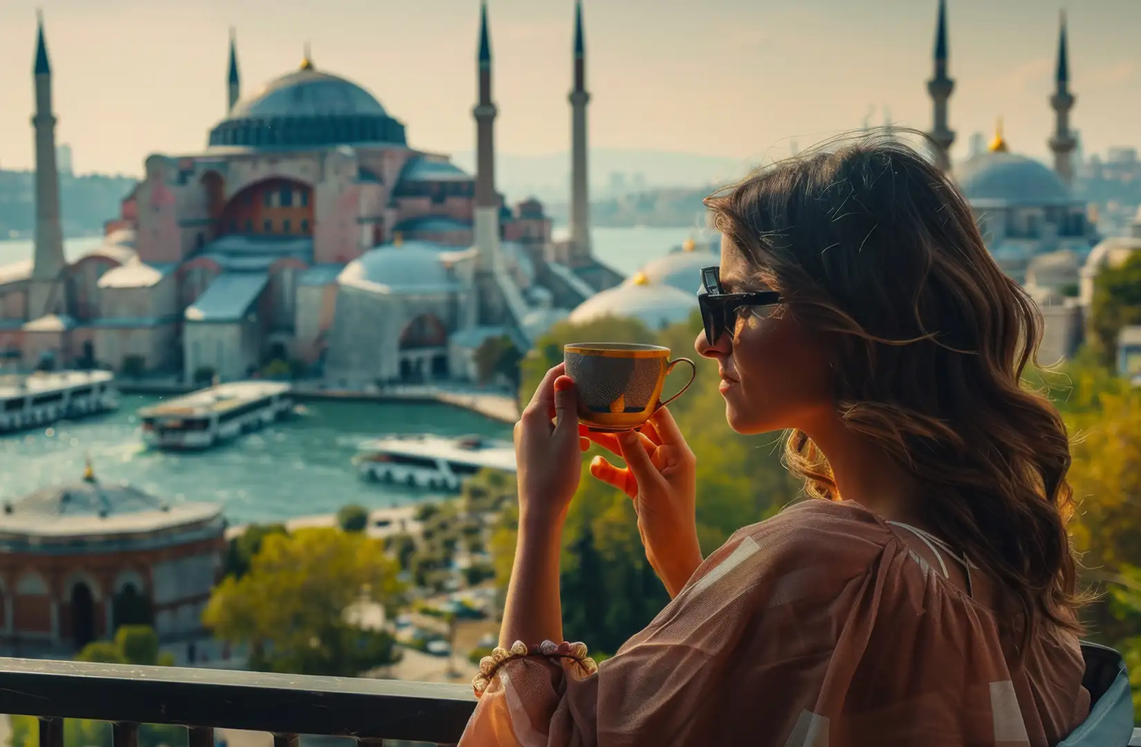 Eine Frau trinkt einen Kaffee auf einem Balkon mit Blick hinunter auf die Hagia Sophia.
