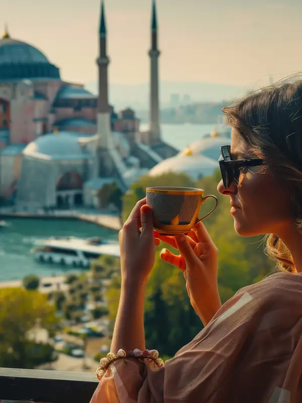 Eine Frau trinkt einen Kaffee auf einem Balkon mit Blick hinunter auf die Hagia Sophia.